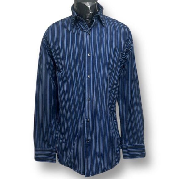 GAP Fitted Premium Men's L Blue Stripe Button Up Shirt Cotton Long Sleeve Preppy - Picture 2 of 8